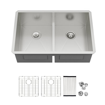 Évier de cuisine encastré à double cuve 30/50 en acier inoxydable de calibre 16 avec accessoires à double cuve 50/50
