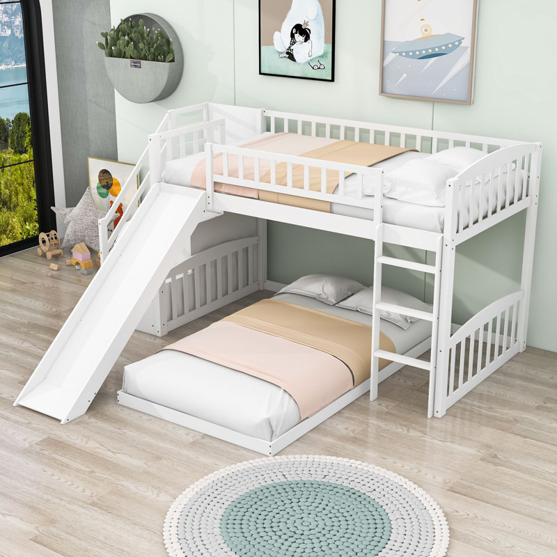 Eutimia Twin Over Twin Wood L-Shaped Bunk Bed with Slide and Storage Staircase, White