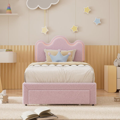 Upholstered Princess Platform Bed Frame with LED Lights, Flower-Shaped Headboard & Storage Drawers, Boucle Fabric Kids Bed, No Box Spring Required