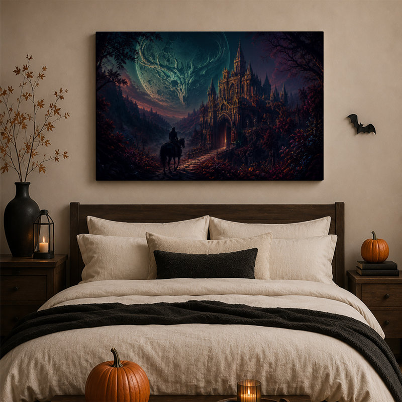 Château gothique sombre sous une lune en forme de crâne avec cavalier sur une toile murale d'Halloween, H 18 po x l 24 po