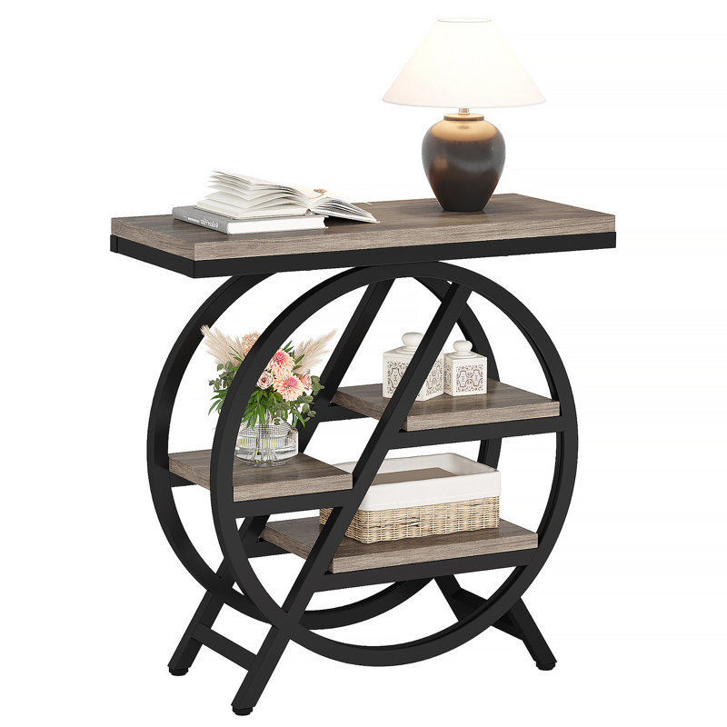 25.59 Inches 3-Tier Narrow End Table With Storage – Engineered Wood And Black Frame, Rustic Brown & Black, Gris