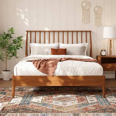 Très grand lit plateforme en bois de bambou massif avec tête de lit de 46,5 po de hauteur, cadre de lit bohémien avec lattes de bois et support en métal, style Mid-Century moderne, aucun sommier tapissier requis, brun chaud