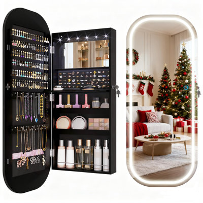 16" Wide Led Mirror Jewellery Cabinet - Wall/Door Mount - Lockable Armoire With Foldable Shelf & Interior Mirror (Black)