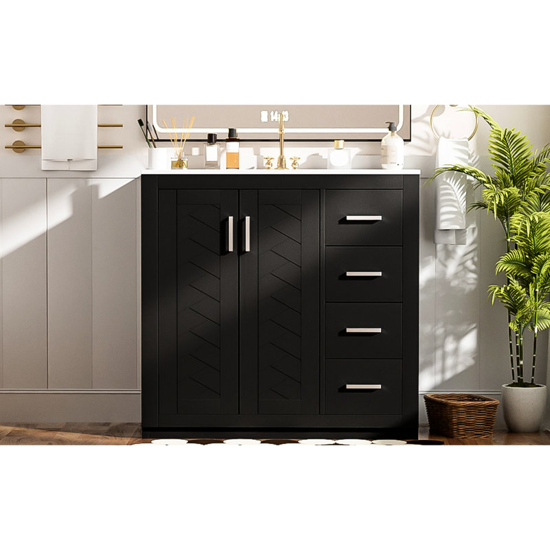 Black 36'' Bathroom Vanity With Ceramic Sink: Ample Space For Items, Stylish Design Structure, Functional