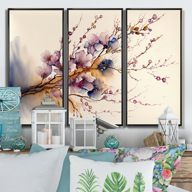 Rose et prune cerisier en fleurs III - ensemble d'art mural moderne sur toile, H 28 po x l 36 po, Cadre flottant noir