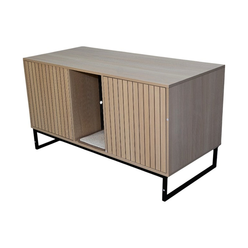 Maison pour chat moderne, 46,89 po x 21,26 po, 26,39 po, 76,4 lb, avec tapis à griffes, convient aux grands espaces intérieurs, panneau de particules et profondeur de la maison, résiste au jeu actif, brun