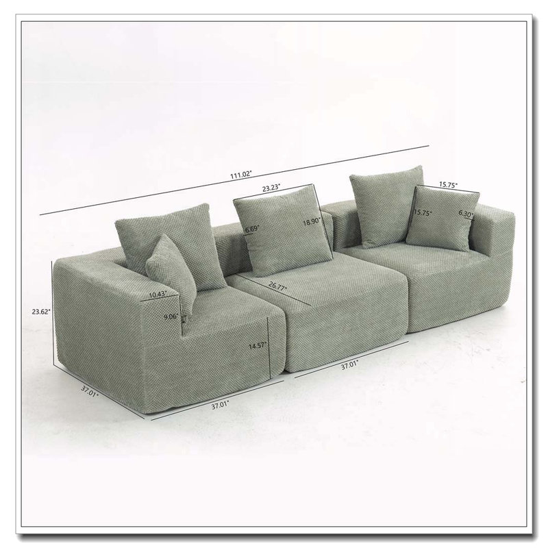 Modular Sectional Sofa, Light Green, 3, 23.62" H x 111.02" W x 37.01" D
