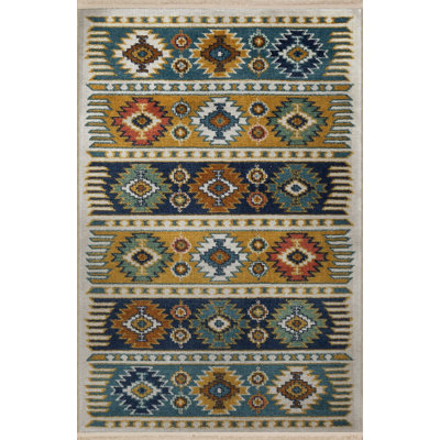 Light-Toned Multi-Colored Geometric Motif Patterned Fringed Vintage Decorative Rug