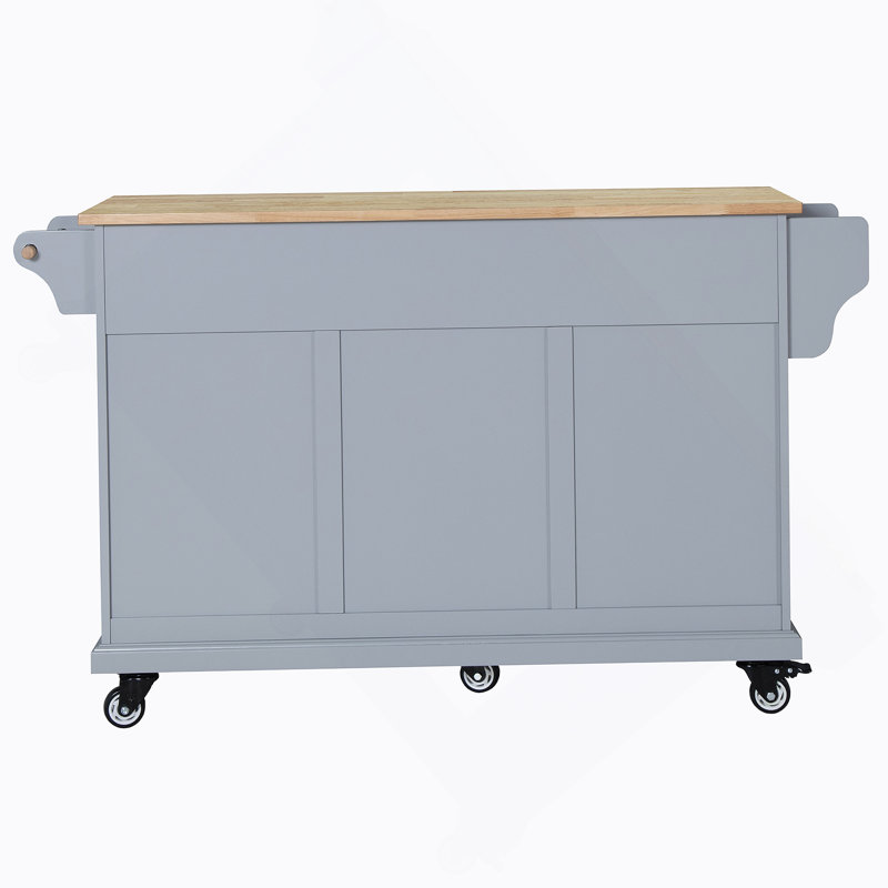 Kitchen Island With Rubber Wood Countertop, Kitchen Cart On 5 Wheels With Storage Cabinet, Gray