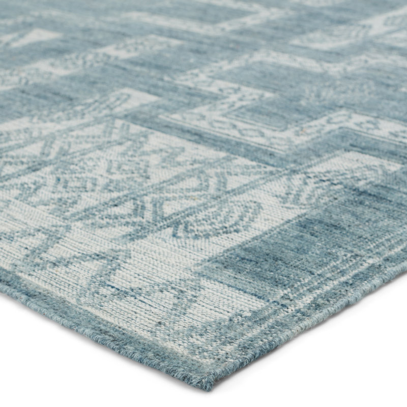 Tapis bleu / ivoire à motif géométrique noué à la main Monarch (10 pi x 14 pi), Rectangle 10 pi x 14 pi, Bleu / Ivoire
