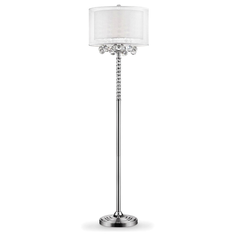 62.5" Tall Floor Lamp "Moiselle", Silver And Crystal Accents, Silvery Shade
