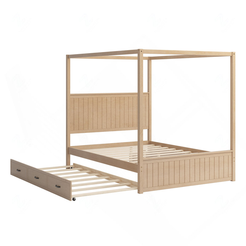 Lit plateforme à baldaquin en bois massif, style Queen, avec tête de lit, lit gigogne simple et 3 tiroirs de rangement, couleur naturelle