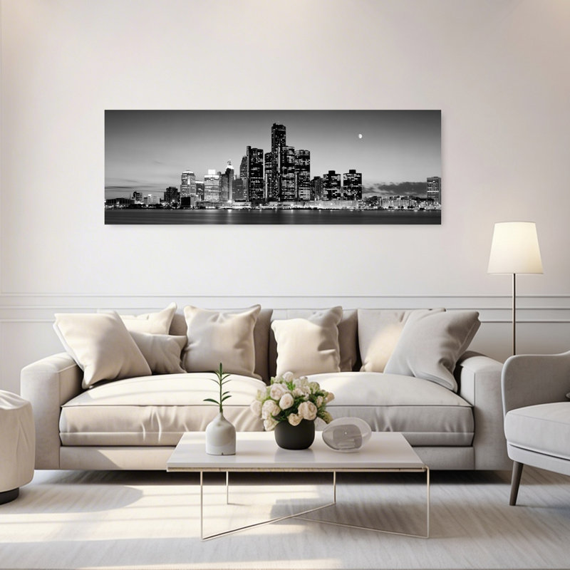 Buildings at the waterfront River Detroit Detroit Michigan USA 1 Piece Wrapped Canvas Panoramic Wall Art