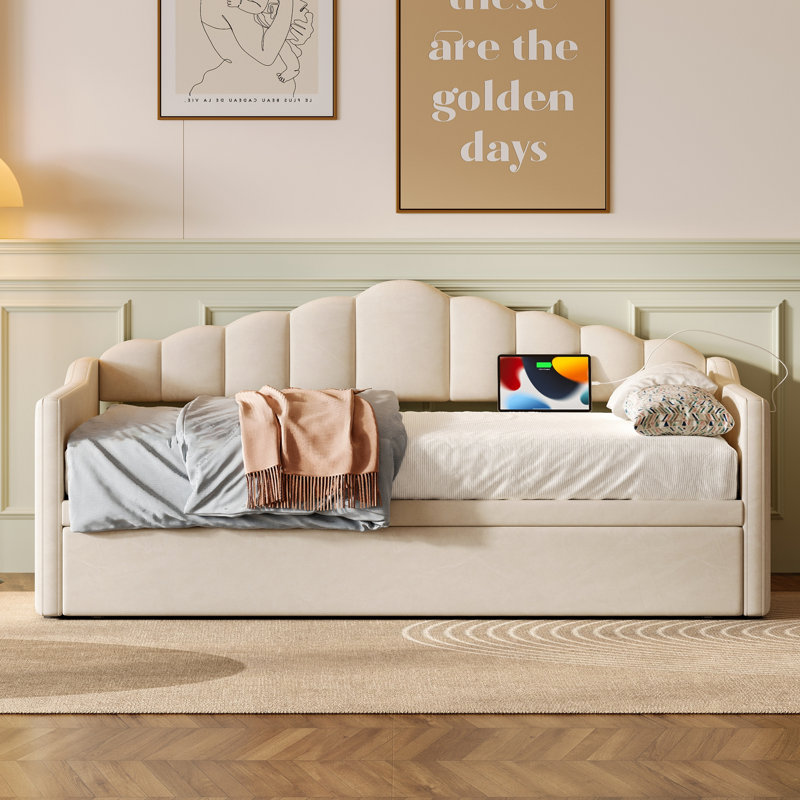 Upholstered Twin Size Daybed With Adjustable Height Pop Up Trundle Twin Bed And USB & Type-C Charging Port, Day Bed Frame With 2 Side Pockets, No Box-Spring Needed
