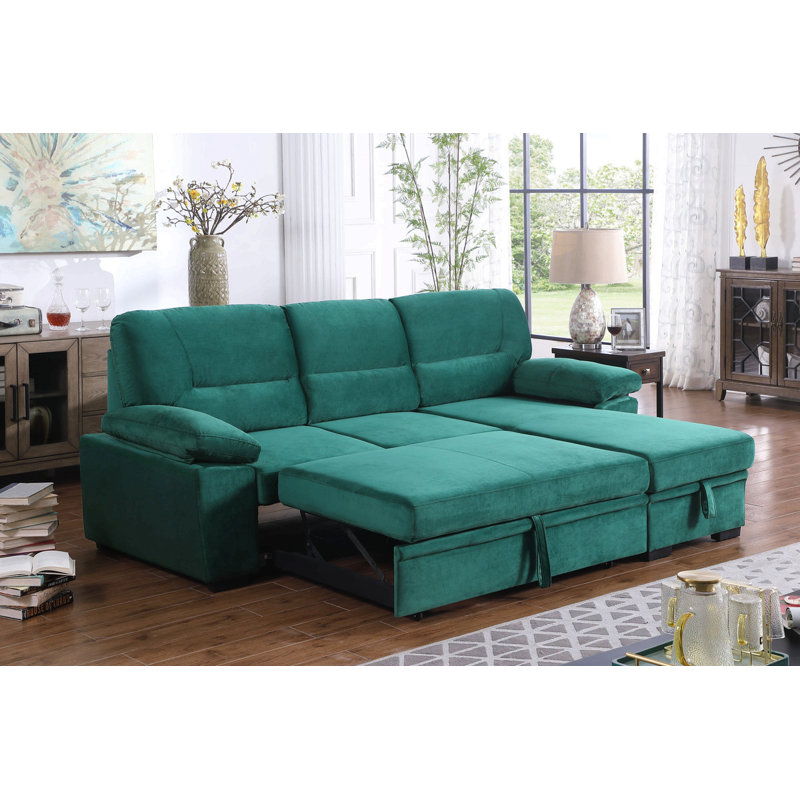 97.5"W Green Velvet Fabric Reversible Sleeper Sectional Sofa Chaise, Green Velvet