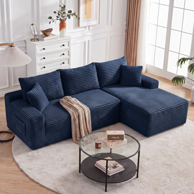 Canapé d'angle en L sans ossature et à compression de 240 cm (94,5 po), méridienne à droite, bleu