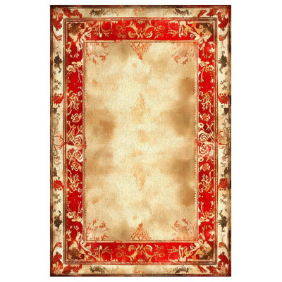 Mottos Beige Red Oriental Machine Printed Cotton Polyester Area Rug