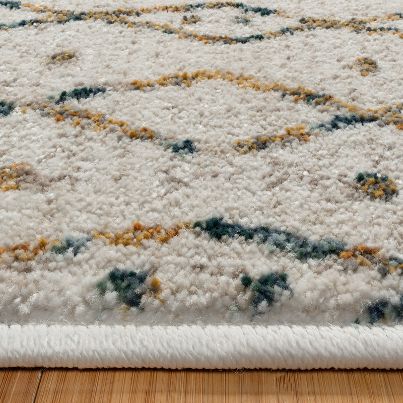 Amiens Faiz Ivory Multi-Colored Bohemian Moroccan Easy Care Indoor Area Rug with Short Fringe, Rectangle 7'10" x 10'