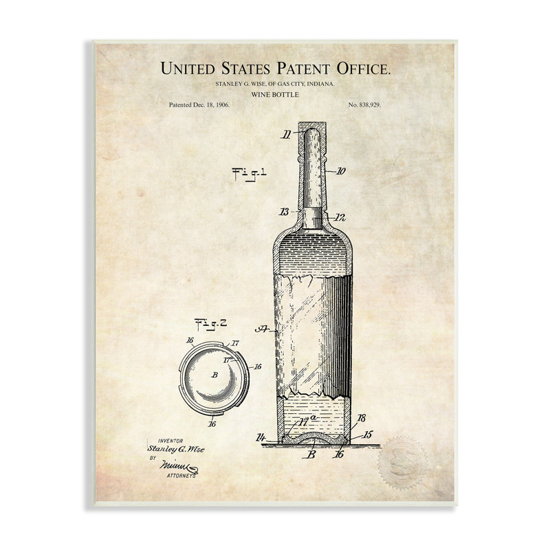 Schéma détaillé d'une bouteille de vin brevetée, L 10 po x H 10 po, Plaque murale