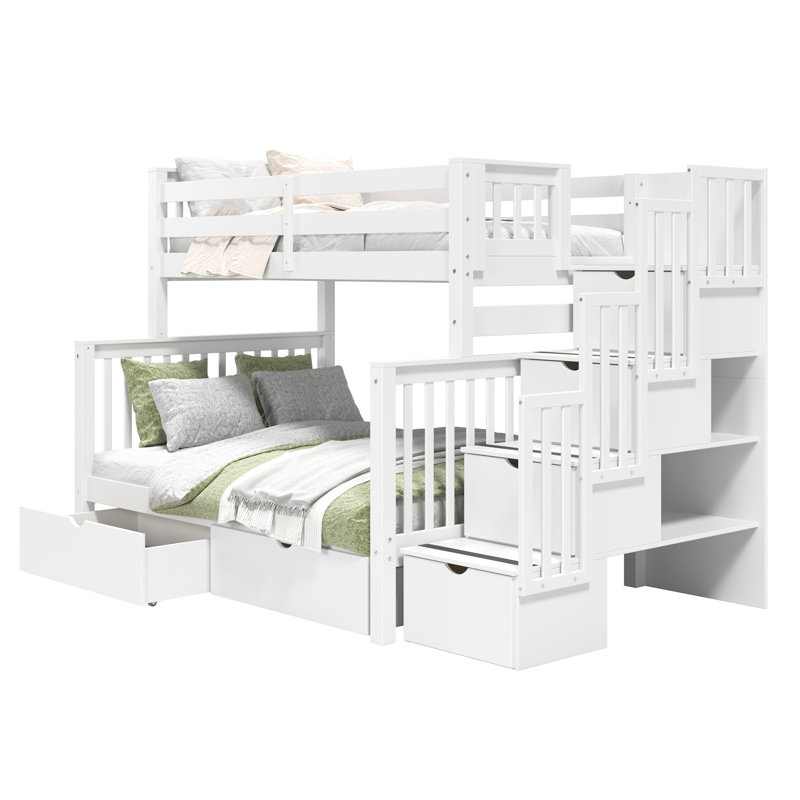 Tena Solid Wood Standard Stairway Bunk Beds Twin over Full, 4 Drawers in the Steps, 2 Under-Bed Drawers, White, White