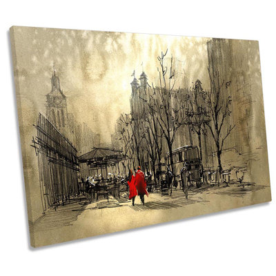 Couple In Red Street City Sketch - Wrapped Canvas Print