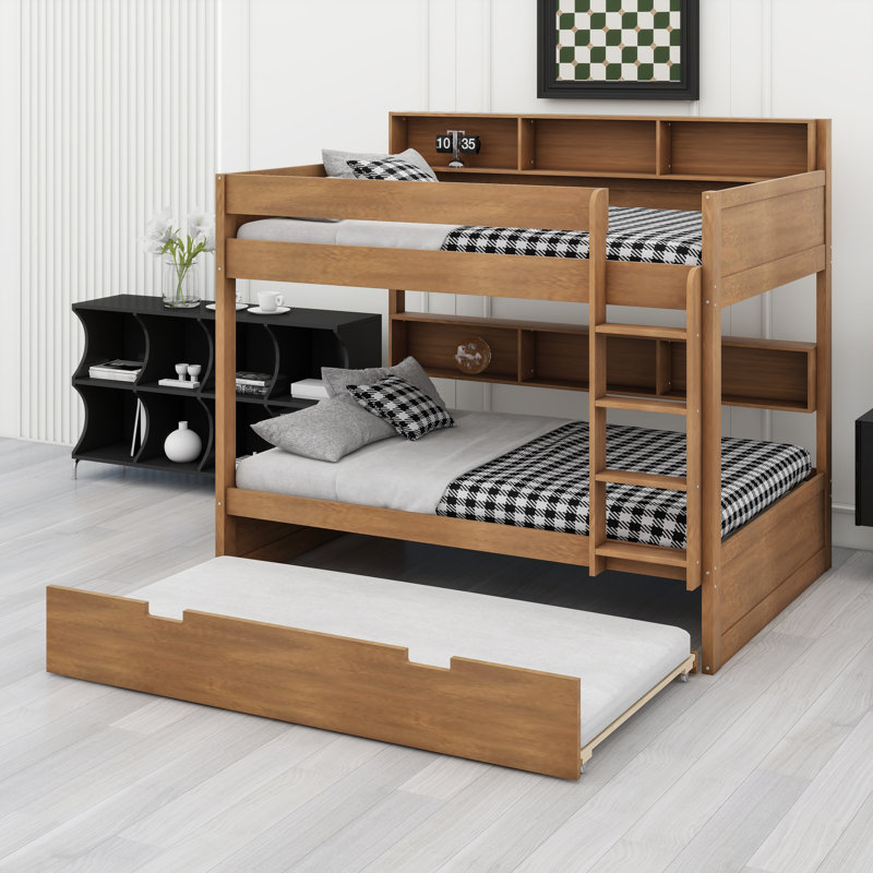 Space-Saving Bunk Bed Frame Featuring Integrated Pull-Out Trundle, Wood
