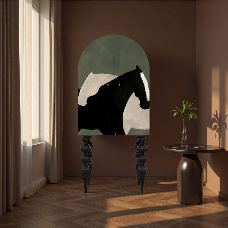 Armoire de rangement en bois massif avec motif de cheval, Noir