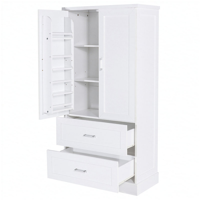 Armoire de rangement haute pour salle de bain, armoire avec deux portes et tiroirs, tablette réglable, panneau de fibres à densité moyenne, blanc, deux ensembles