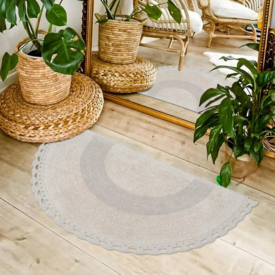 Half Circle Bohemian Rug with Handwoven Chrochet Border, Beautifully crafted 100% Cotton Mat - 22x42, Machine Washable, Beige