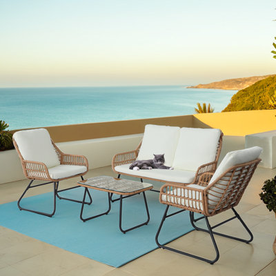 4-Piece Outdoor Conversation Set, All-Weather Rattan Patio Furniture with Glass Table & Cushions