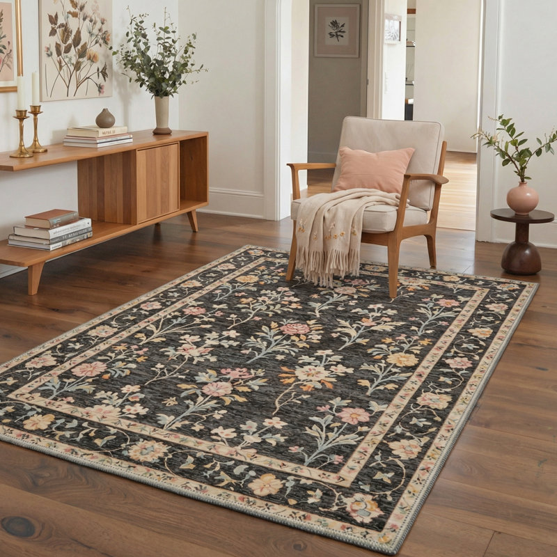 Floral Machine Washable Black/Tan Indoor Area Rug With Non-Slip Backing, Rectangle 8' x 10'