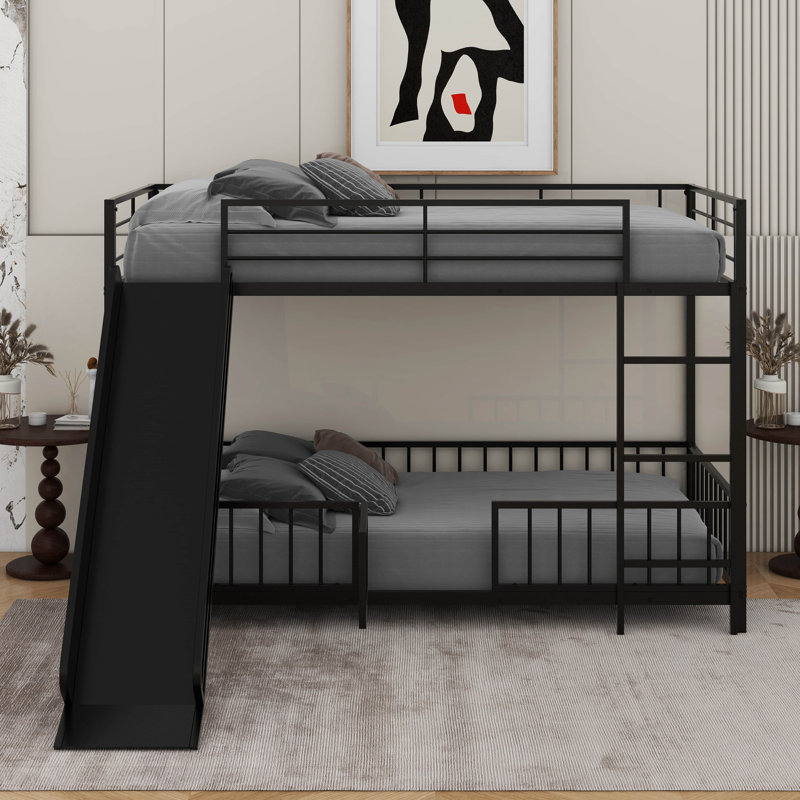  Lit superposé en métal avec glissière et garde-corps, Simple sur simple, Noir