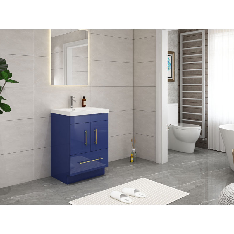 Carliss 24'' Single Bathroom Vanity with Acrylic Top, Glossy Night Blue, Sliver