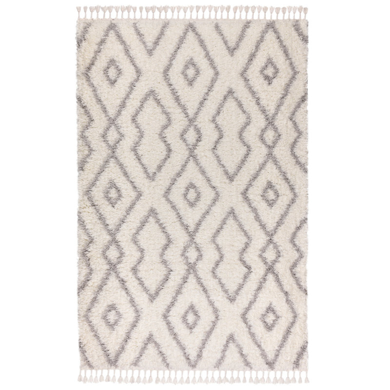 Tapis rectangulaire blanc / gris en polyester tissé à la machine, Rectangle 6 pi 7 po x 9 pi 6 po