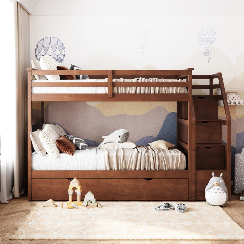 Lit superposé Twintwin en noyer avec lit gigogne de rangement simple fonctionnel et spacieux