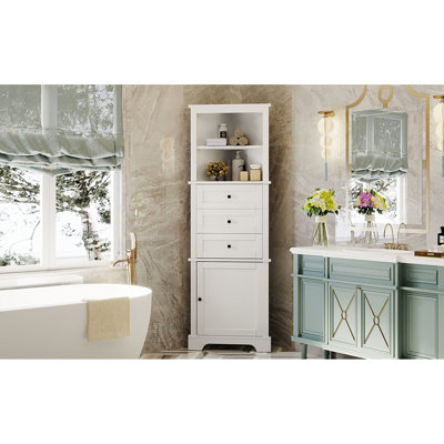 Grande armoire triangulaire blanche avec 3 tiroirs et tablettes réglables, parfaite pour les espaces restreints, rangement à surface peinte dans différentes pièces, planche, finition imperméable