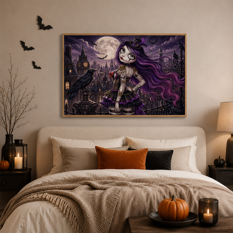 Art mural sur toile gothique, fille aux cheveux mauves et au clair de lune, H 24 po x l 36 po