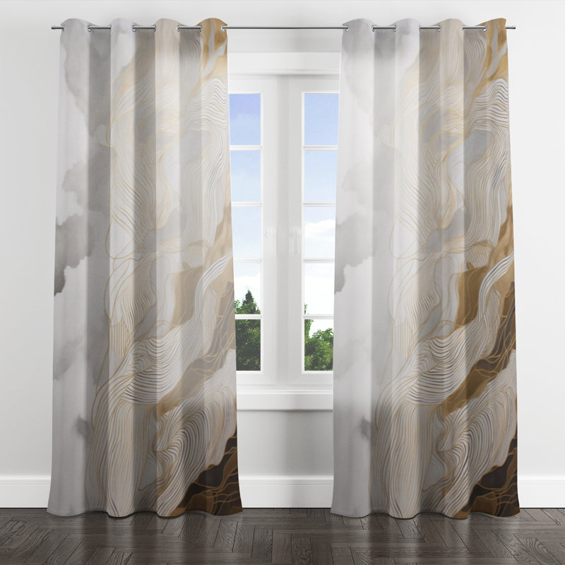 Gold And Grey Abstracted Line Artistry III - Modern Grommet Curtain - Velvet Room Darkening - 1 panel, 52" W x 120" L