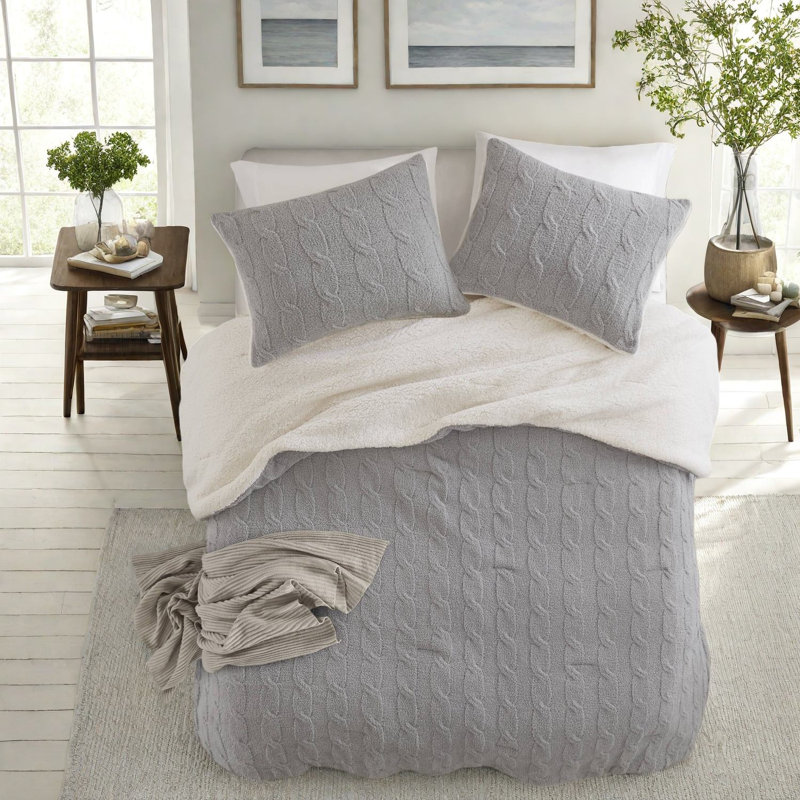 Cozy Chenille Full Queen Bedding Sets, Cable Knit Sherpa Home Style