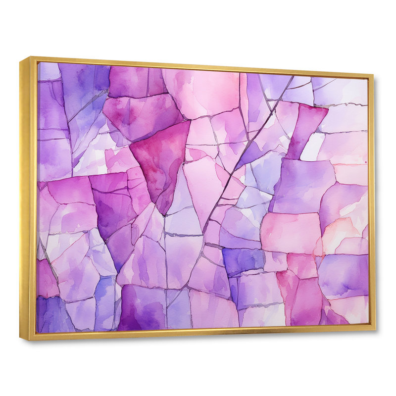 Pierre mauve Geode Volcano II - pierre géode, art mural, H 30 po x l 40 po x P 1,5 po, Cadre flottant doré
