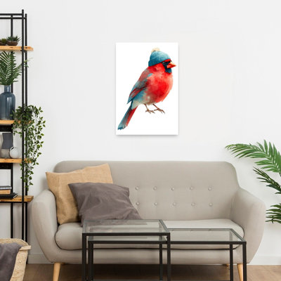 Winter Cardinal With Hat Whimsical Abstract Contemporary Bird Winter Landscape Wall Art Print 1 Piece Wrapped Canvas Wall Art