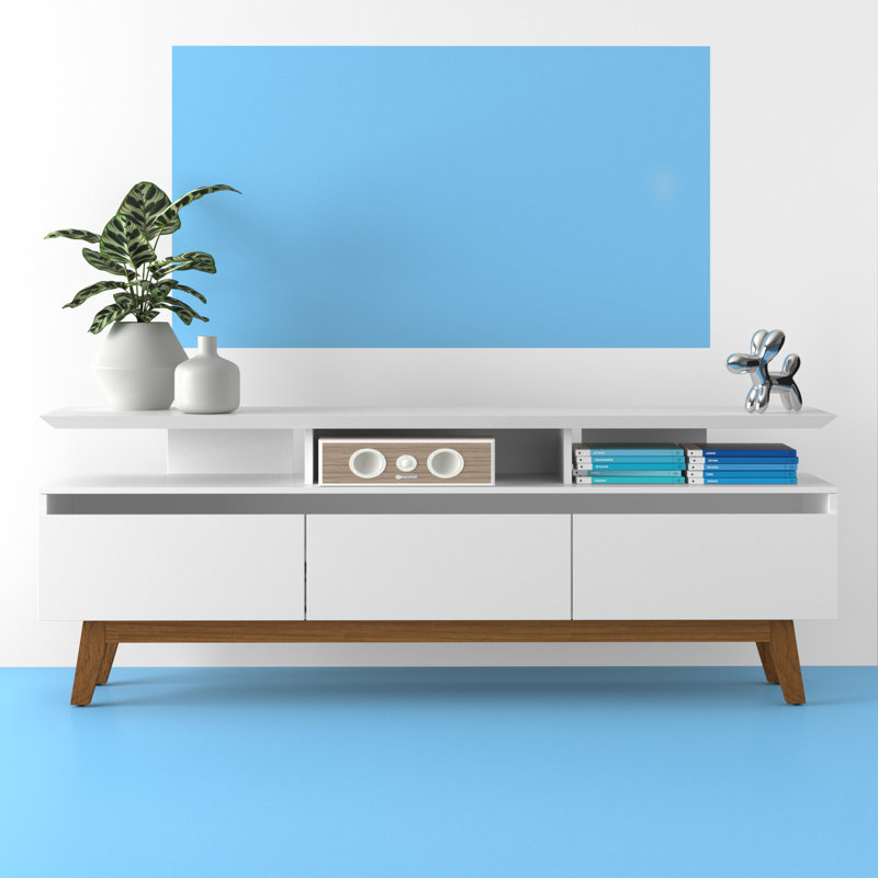 Meuble télé Yonkers 71 po Mid-Century, H 25,79 po x l 70,86 po x P 14,76 po, Blanc