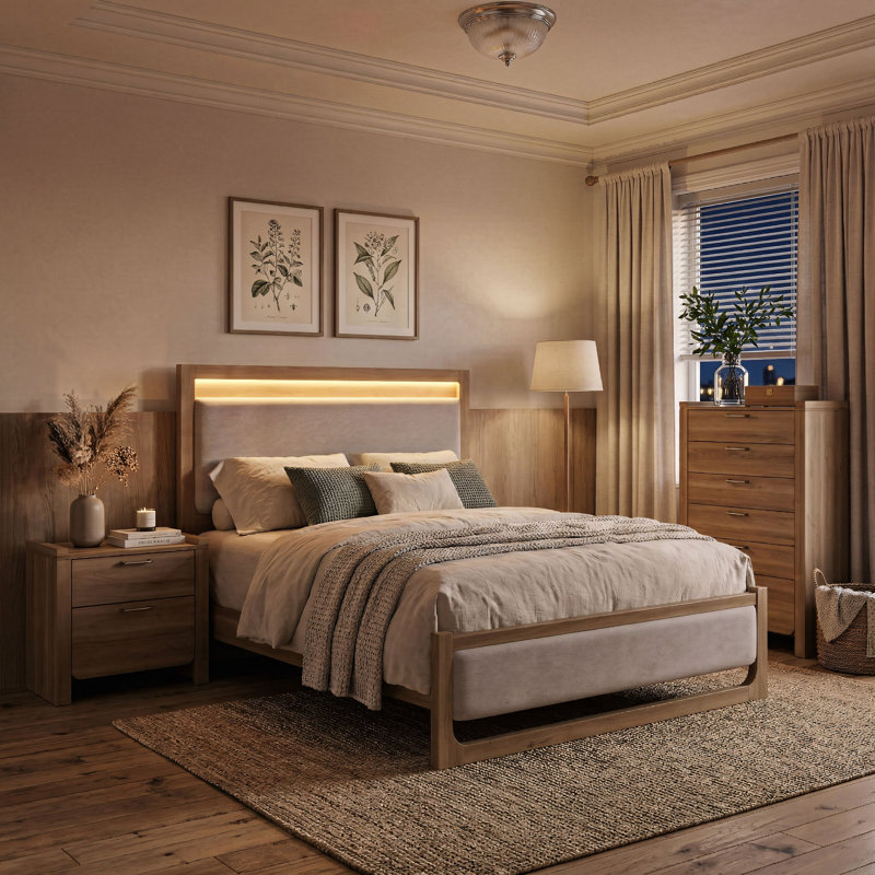 Ensemble de chambre à coucher avec tête de lit à lumière chaude Krikor, 3 Pcs: Bed, Chest, Nightstand, Queen
