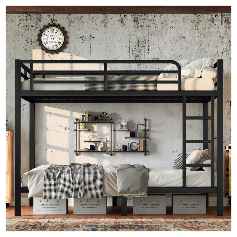Lit superposé simple au-dessus de simple en métal pour les adolescents et les adultes, conception à faible bruit avec rangement sous le lit, pas de sommier nécessaire, noir