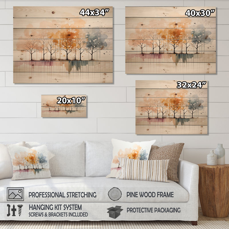 Minimalisme arbre jaune solitude II sur bois, H 30 po x l 40 po x P 0,78 po