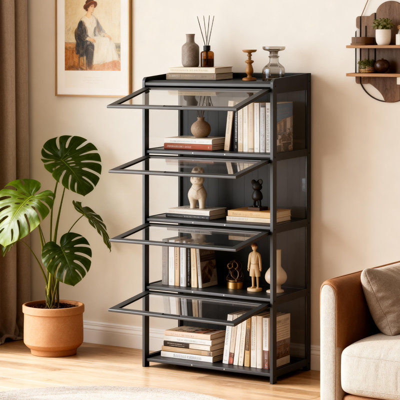 Bibliothèque vitrine 55 "à 4 niveaux avec porte rabattable, Noir/transparent