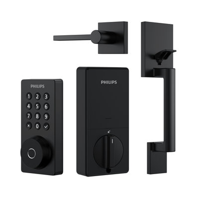 Serrure de porte Philips Smart Wi-Fi avec bouton-poussoir lumineux, code d'empreinte digitale, clé traditionnelle et accès à l'application avec poignée