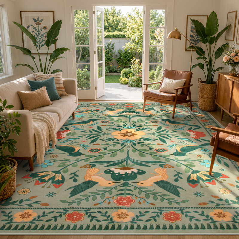  Tapis à motif floral lavable Goldene Boho, Rectangle 9 pi x 12 pi