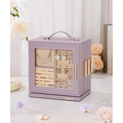 360° Rotating Jewelry Box Organizer With Transparent Window, Mirror & 7 Drawers - Large Necklace Earring Ring Display Storage Case