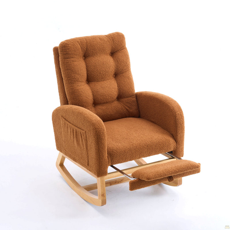 Chaise berçante d'appoint caramel avec repose-pieds et pieds en bois d'hévéa à haut dossier, Caramel